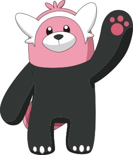 a pink and black bear with paws raised in the air, wearing a costume that is shaped like a cat