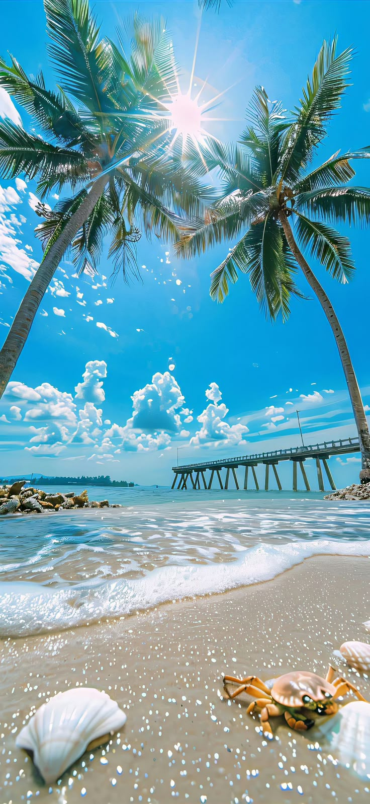 two palm trees on the beach with a pier in the background