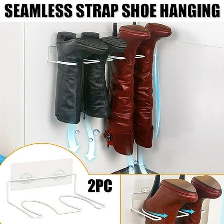 two pairs of boots hanging on the wall next to a pair of shoes with hooks