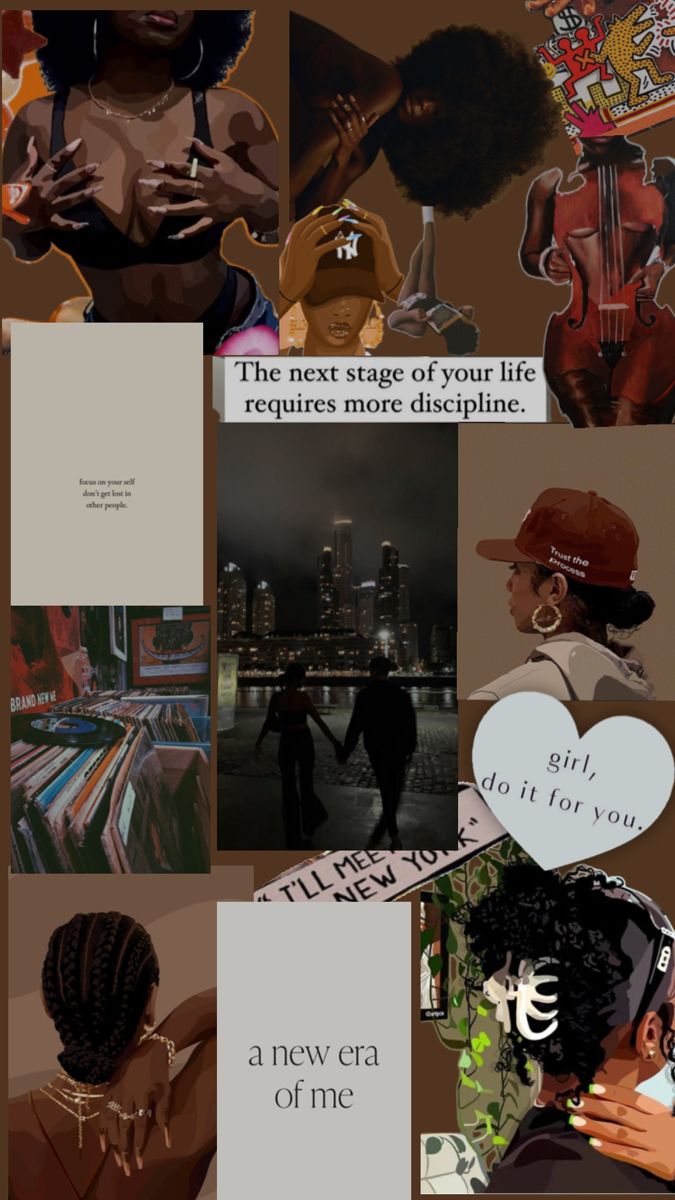 the collage has many different pictures and words on it, including an image of a woman