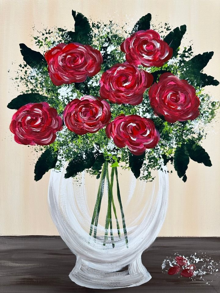 a painting of red roses in a white vase