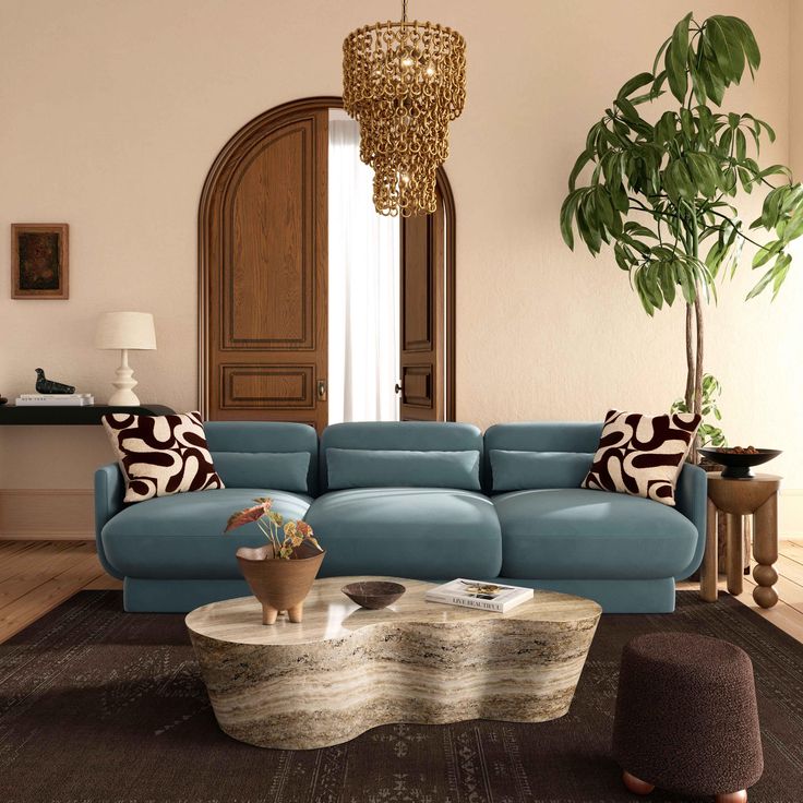 a living room filled with furniture and a large plant in the middle of the room