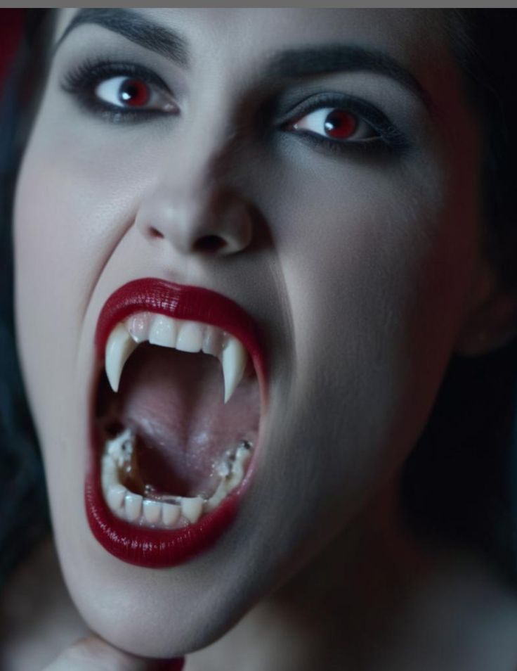 a woman with her mouth open showing teeth and blood on the inside of her tongue