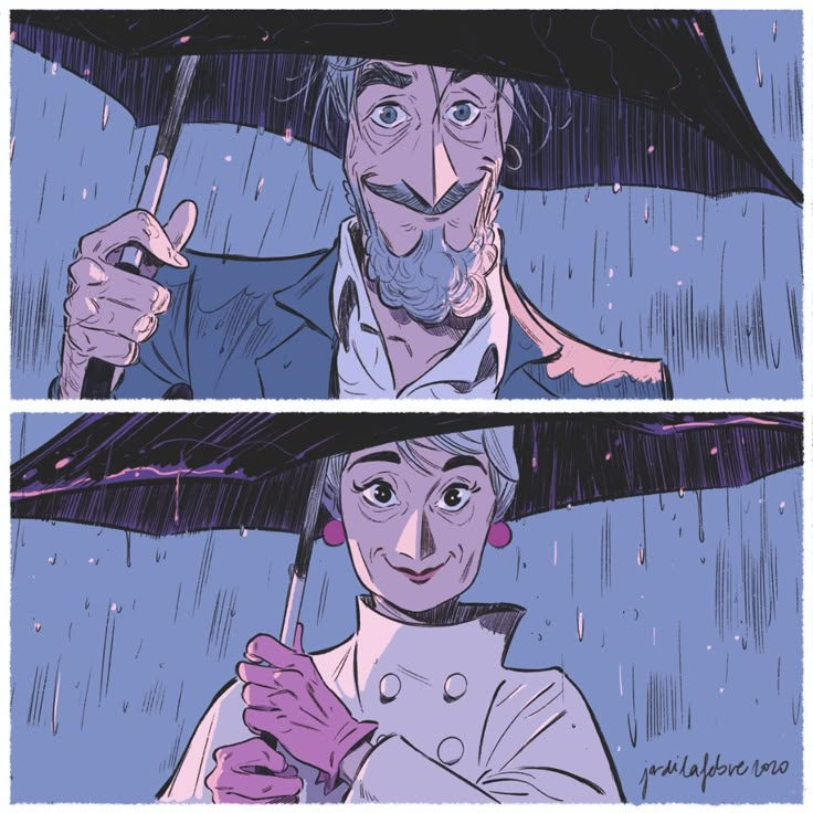 two panels of a man holding an umbrella in the rain, and another panel of a woman with an umbrella