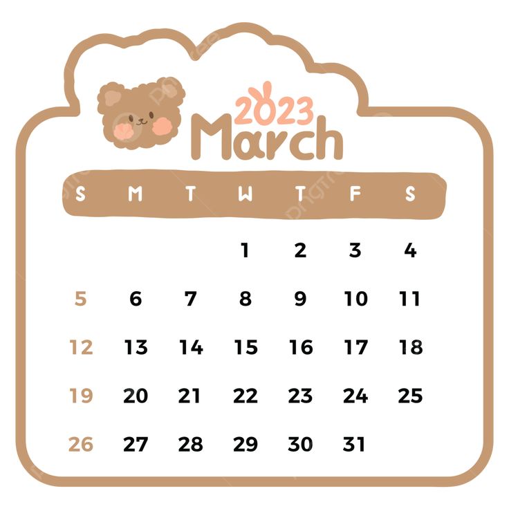 a calendar for march with a teddy bear on the front and bottom half of it