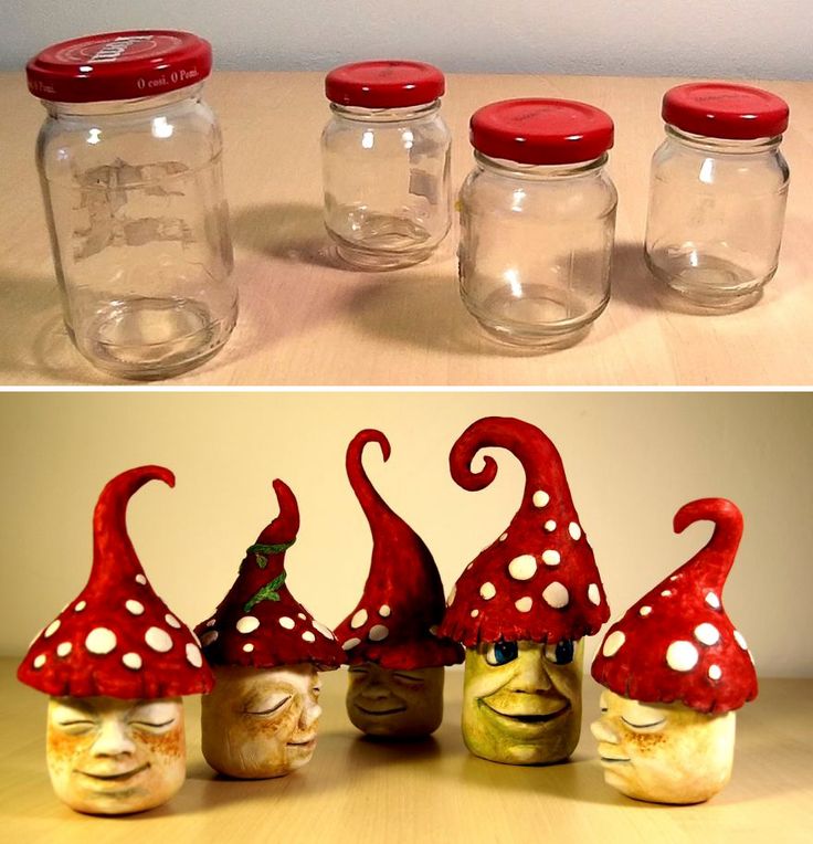 four glass jars with red lids and three faces in the middle one is filled with mushrooms