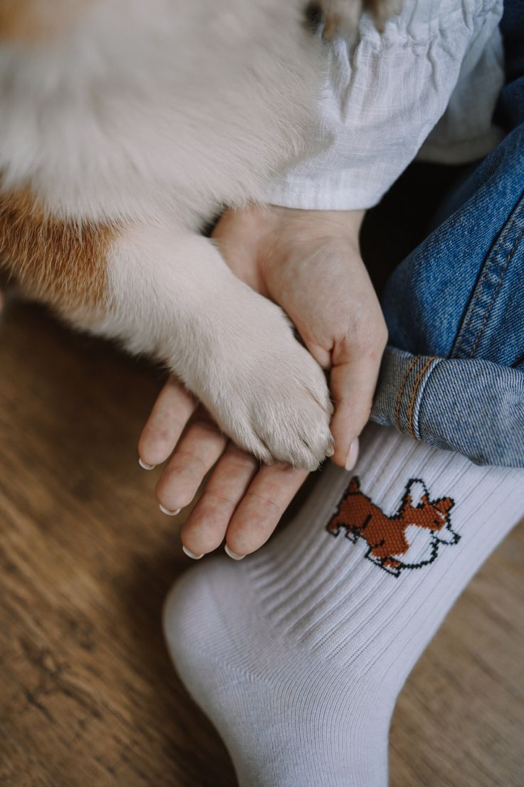 a person is petting a dog's paw on top of a wooden floor