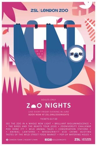 a poster for zoo nights featuring two slots hanging from a tree in the city