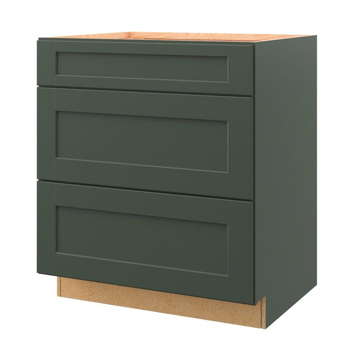 a green cabinet with two drawers on the bottom and one drawer closed up in front