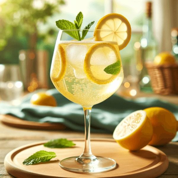 a glass filled with lemonade sitting on top of a wooden table