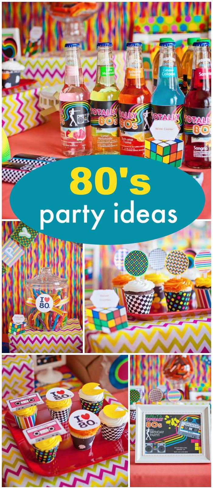 colorful party decorations and food with the words 80s's party ideas on it, including cupcakes