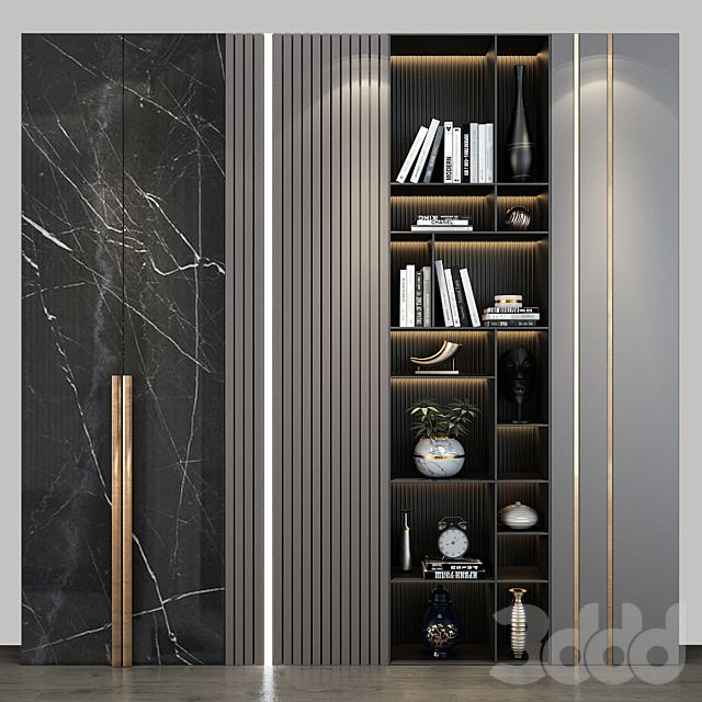 an open bookcase with books on it in front of a marble wall and floor