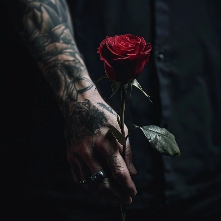 a man with tattoos holding a red rose in his hand and wearing an engagement ring