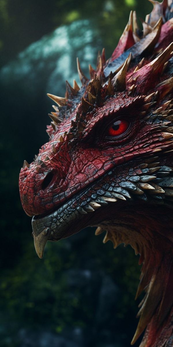 the head of a red dragon with spikes on it's face, in front of trees