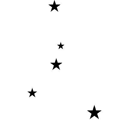 black and white image of five stars flying in the air with one star falling off