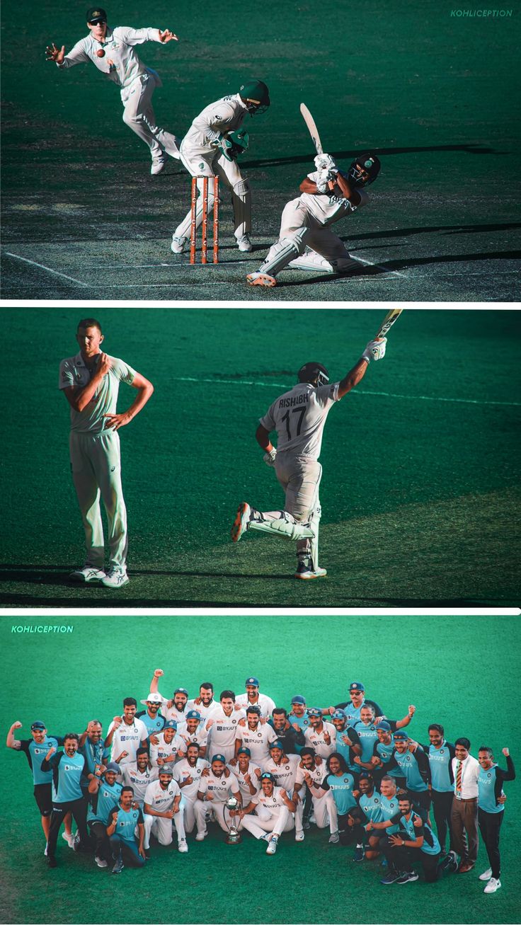 three different shots of men playing cricket in the same photo, one is jumping up to catch the ball