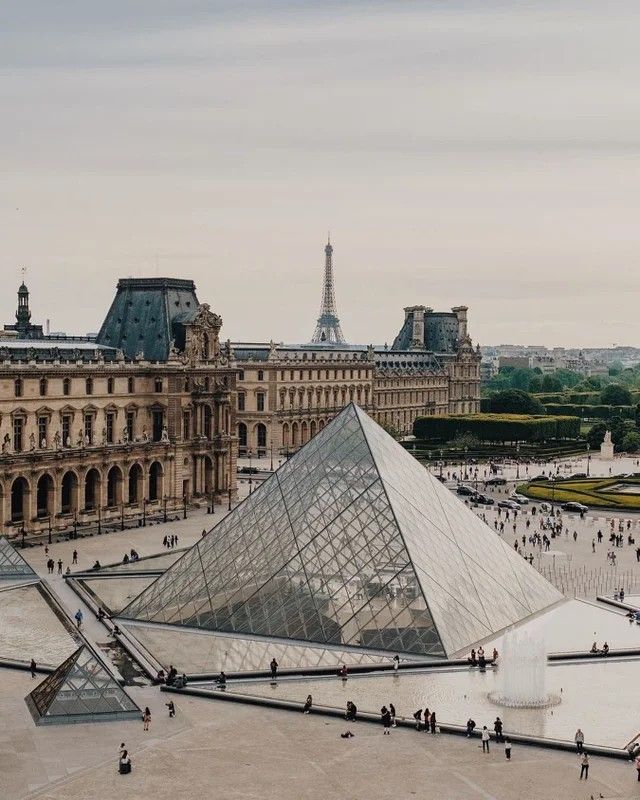 an aerial view of the pyramid and surrounding buildings