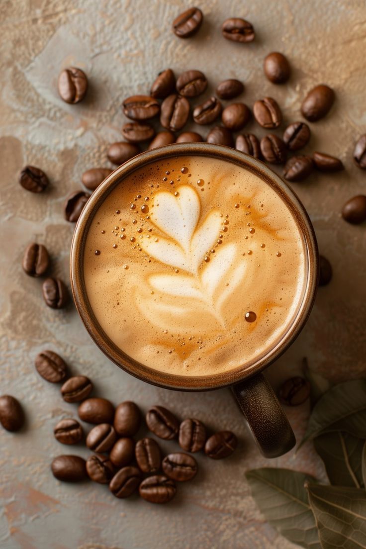 a cappuccino with a heart shaped leaf on it surrounded by coffee beans