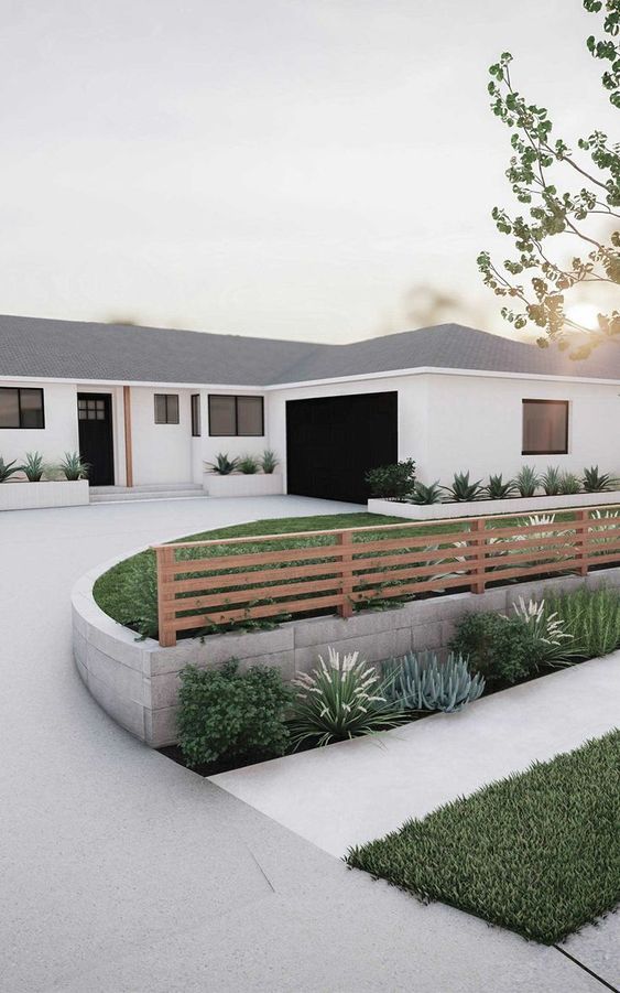 an artist's rendering of a modern house with grass and shrubs in the front yard