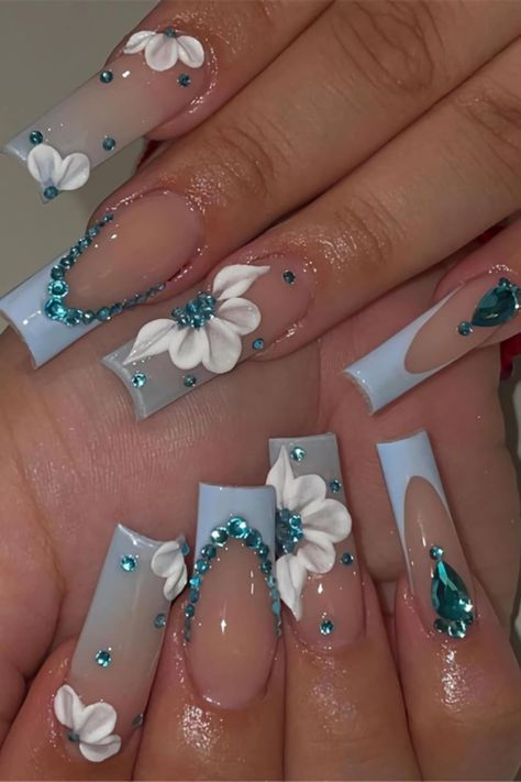 Matching Nails, Girly Acrylic Nails, Blue French, Blue Nail Designs, Blue Nail, Long Square Acrylic Nails, Unique Acrylic Nails, Short Acrylic Nails Designs, Pink Acrylic Nails