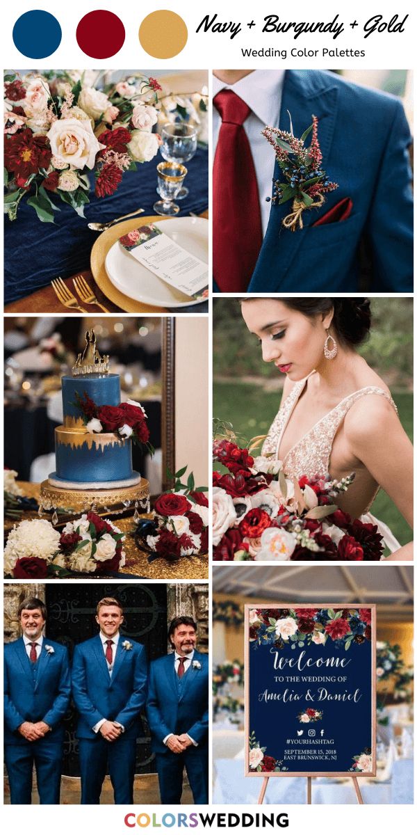 the wedding color scheme is blue, red and gold