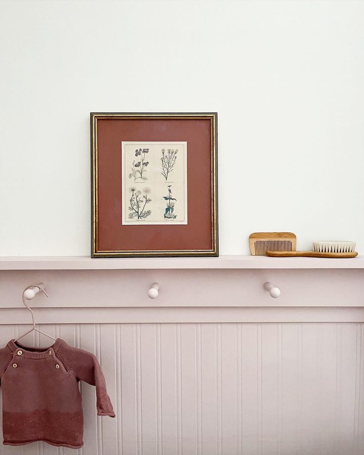 a baby's shirt hangs on the wall next to a brush and comb