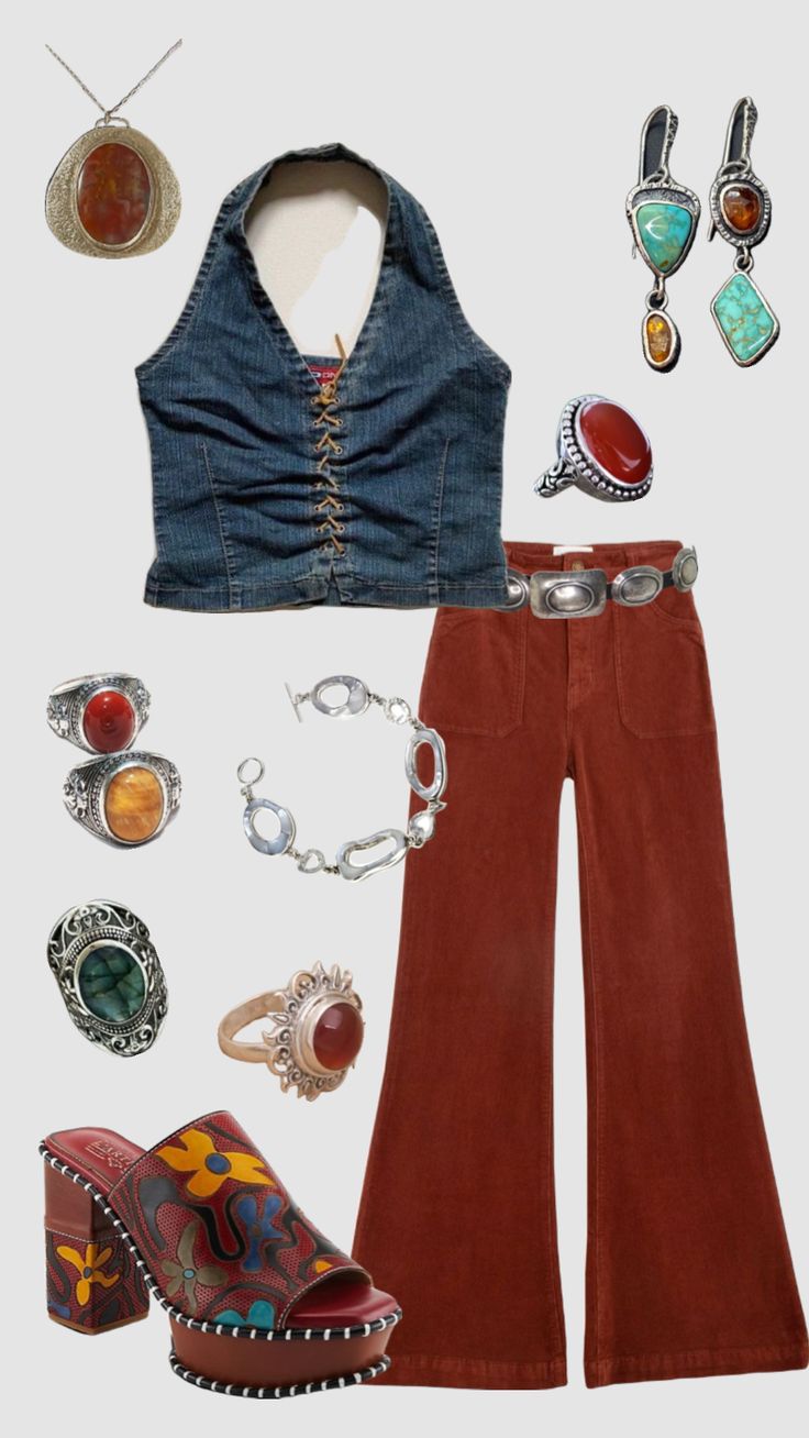 70s inspired outfit #outfitinspo #vintage #70s #70sfashion Bohemian 70s Fashion, Glam 70s Fashion, Vintage 70s Aesthetic Outfits, Thee Sacred Souls Concert Outfit, 70s Bell Bottoms Outfits, 70s Inspired Fashion Outfits, Cute 70s Outfits, Casual 70s Outfits, 70s Witch