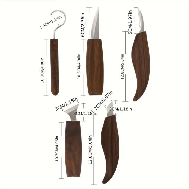 four different types of knifes with measurements