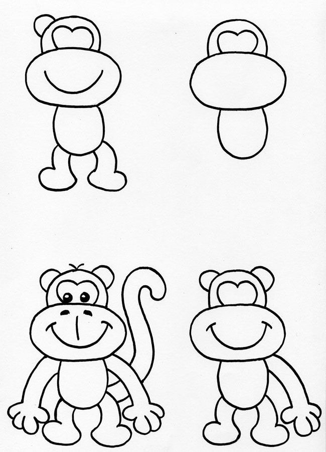 four different types of monkey faces drawn in black and white with colored pencils on paper