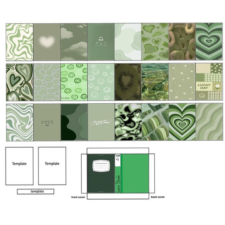 a green and white color scheme with lots of different patterns on the side, including hearts