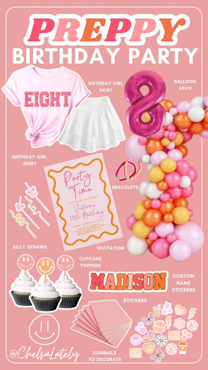 a birthday party poster with balloons and other items