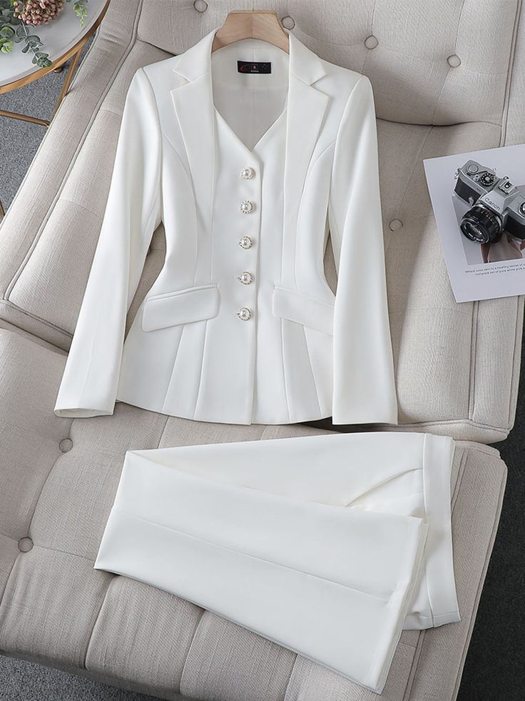 Shop for Savannah Blazer & Pant Set at Glory Connection. Free shipping on orders over $75. Washing instructions: Dry Clean Composition: Cotton, Acetate, Polyester Designer Style ID: GC34655678 Suit Trousers Women, Womens Blazer Coat, Slim Suit Pants, Black And White Suit, Female Office, Ladies Blazer, Stil Elegant, Work Suits, Suit Trousers