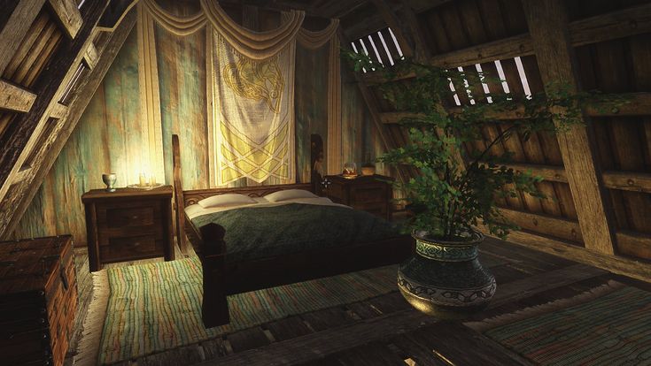 a bedroom with a bed, dresser and plant in it