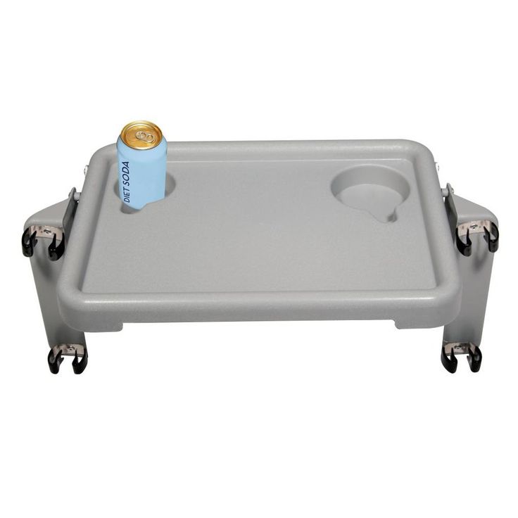 a gray tray with a bottle on it and wheels attached to the bottom one side