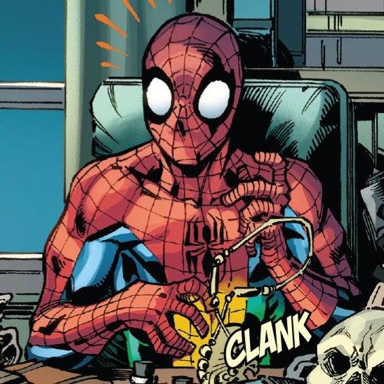 a spider - man sitting in front of a desk with a skull on the floor