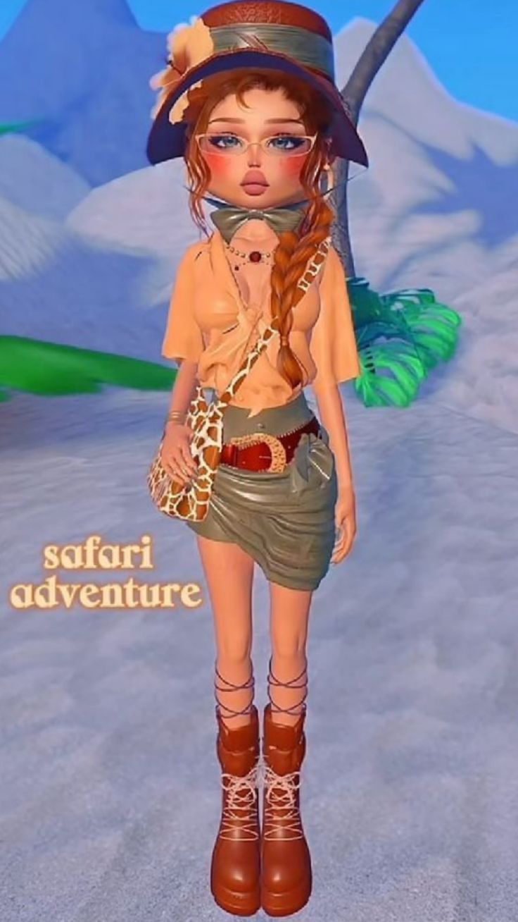 a girl in a safari outfit with a hat and scarf around her neck, holding a leopard print purse