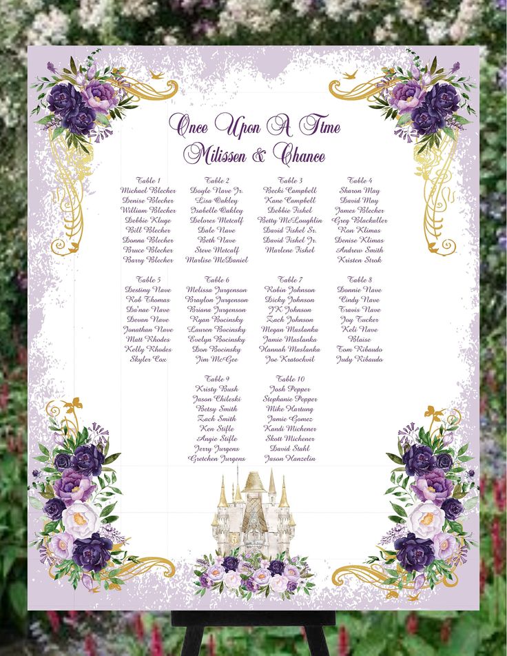 a wedding seating chart with purple flowers on it