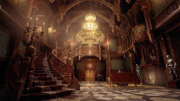 an old building with stairs and chandeliers