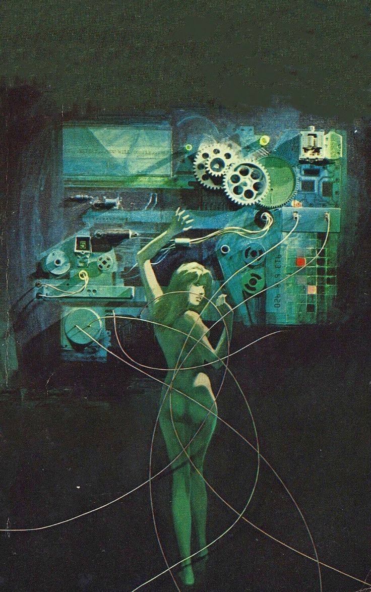 a painting of a woman standing in front of a clock with wires running through her body