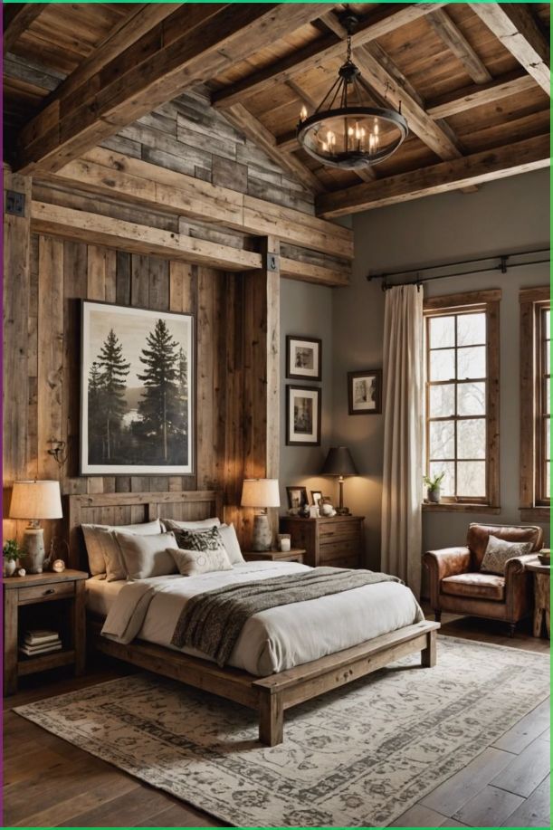 a bedroom with wood paneled walls and furniture