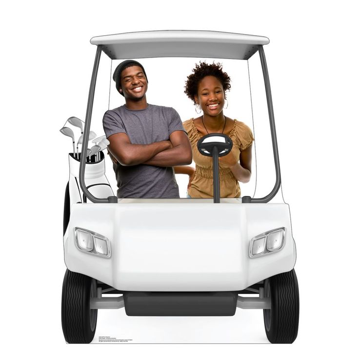 a man and woman are standing in a golf cart with the driver smiling at the camera