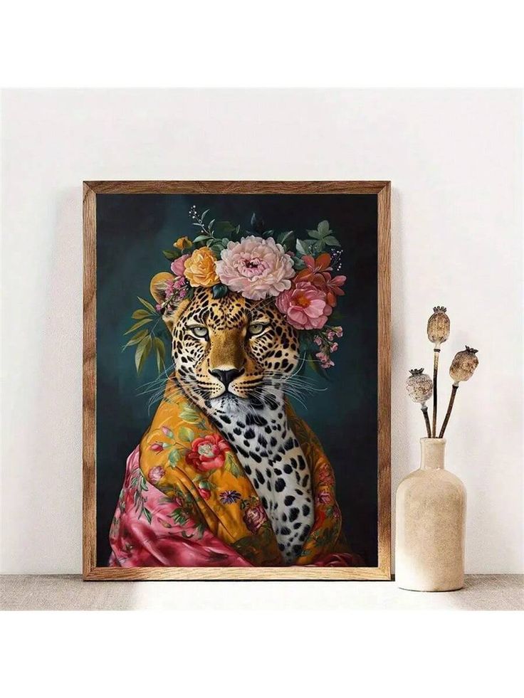 a leopard with flowers on its head is sitting next to a vase