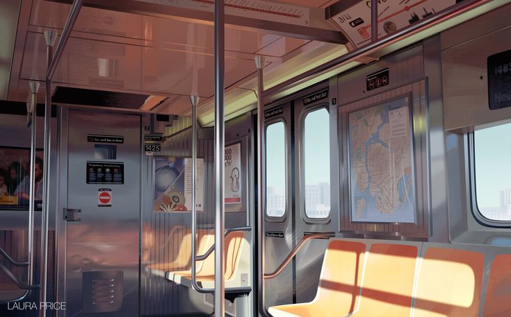 the inside of a subway car with lots of windows and seats on it's sides