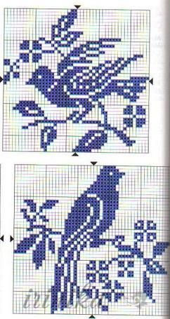 the cross stitch pattern is shown in blue and white, with two birds on it