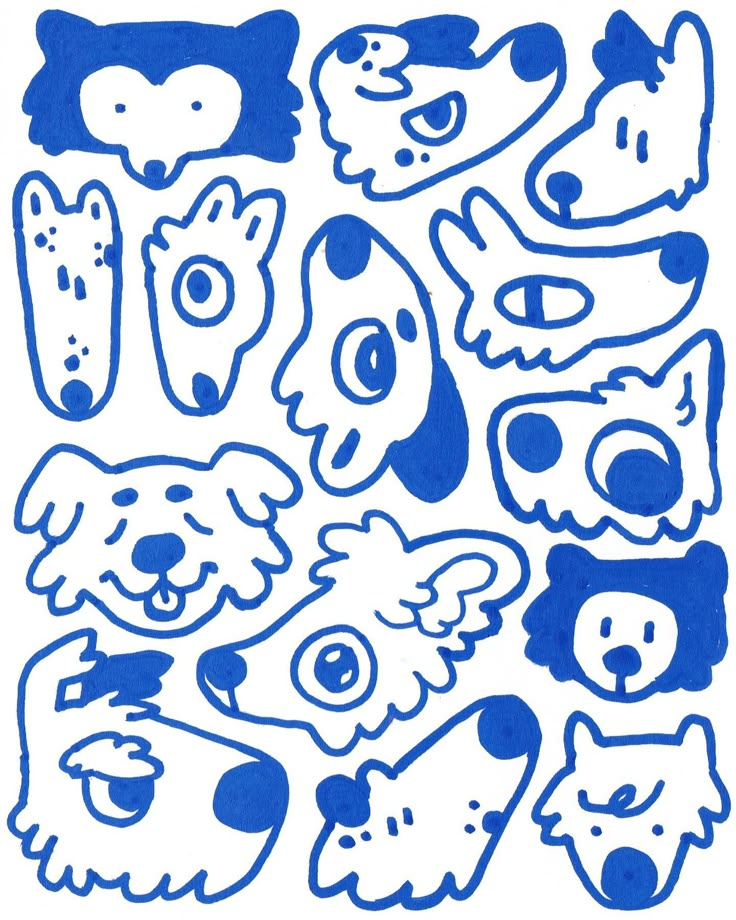 blue dog stickers on white paper with black outlines in the shape of dogs