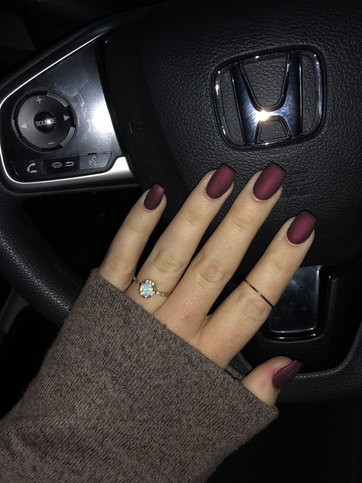 Matte Burgundy Coffin Acrylic Nails Dark Red Nails Matte With Glitter, Fall Matte Acrylic Nails, Flat Maroon Nails, Nail Ideas Maroon Burgundy, Shimmer Matte Nails, Basic February Nails, Dark Burgundy Acrylic Nails, Matte Red Gel Nails, Matte Maroon Nails Short