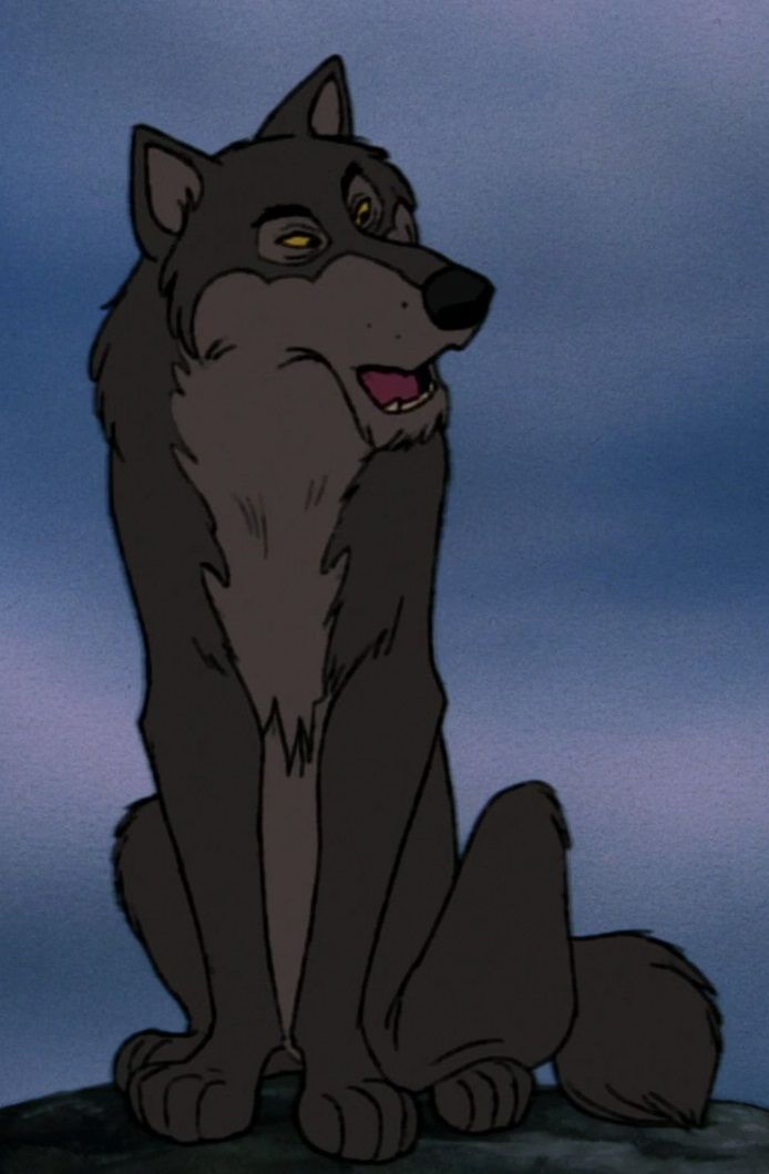 a cartoon wolf sitting on top of a rock