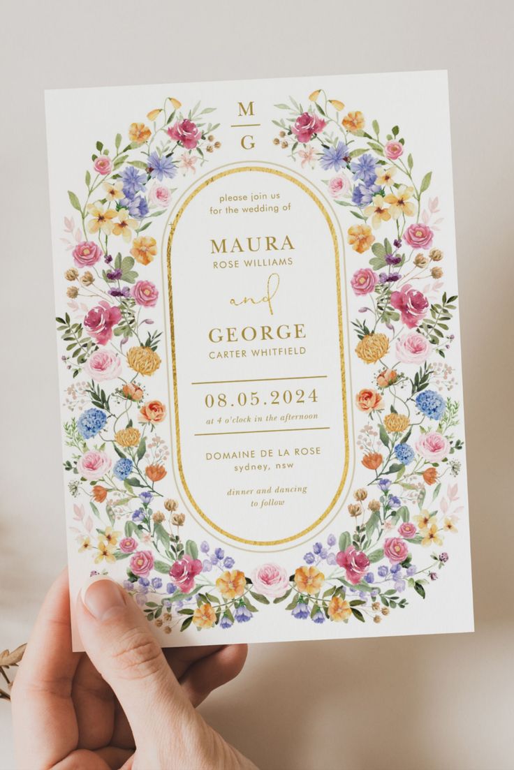 colorful wildflower wedding invitation card held in hand Wildflower Wedding Theme, Wildflower Wedding Invitations, Boda Mexicana, Bright Wedding, Personalised Wedding Invitations, Future Wedding Plans, Garden Party Wedding, Wildflower Wedding, Wedding Mood