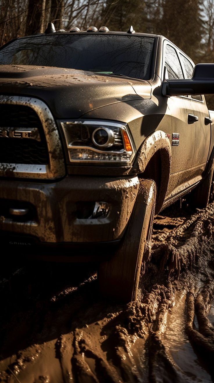 two large trucks are driving through the mud