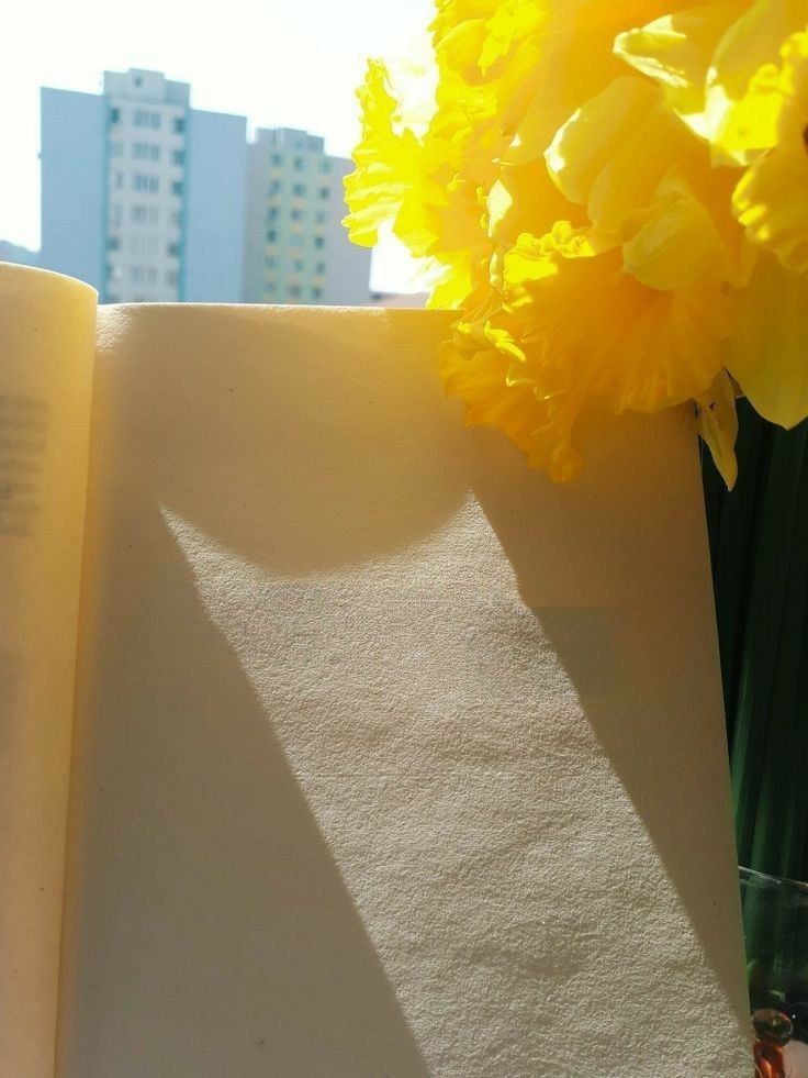 a book opened on top of a table next to yellow flowers